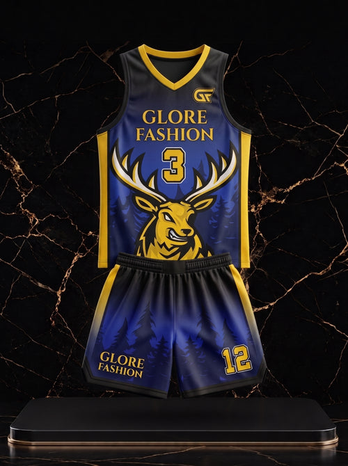 Custom Blue & Gold Deer Basketball Uniform | Premium Sublimated Team Jersey & Shorts | Glore Fashion