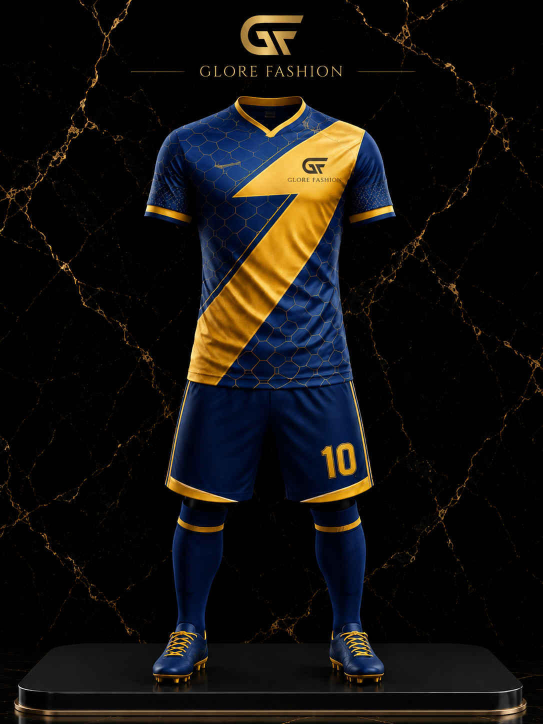 Custom Navy Blue & Gold Soccer Uniform – Sublimated Football Jersey Set | Glore Fashion