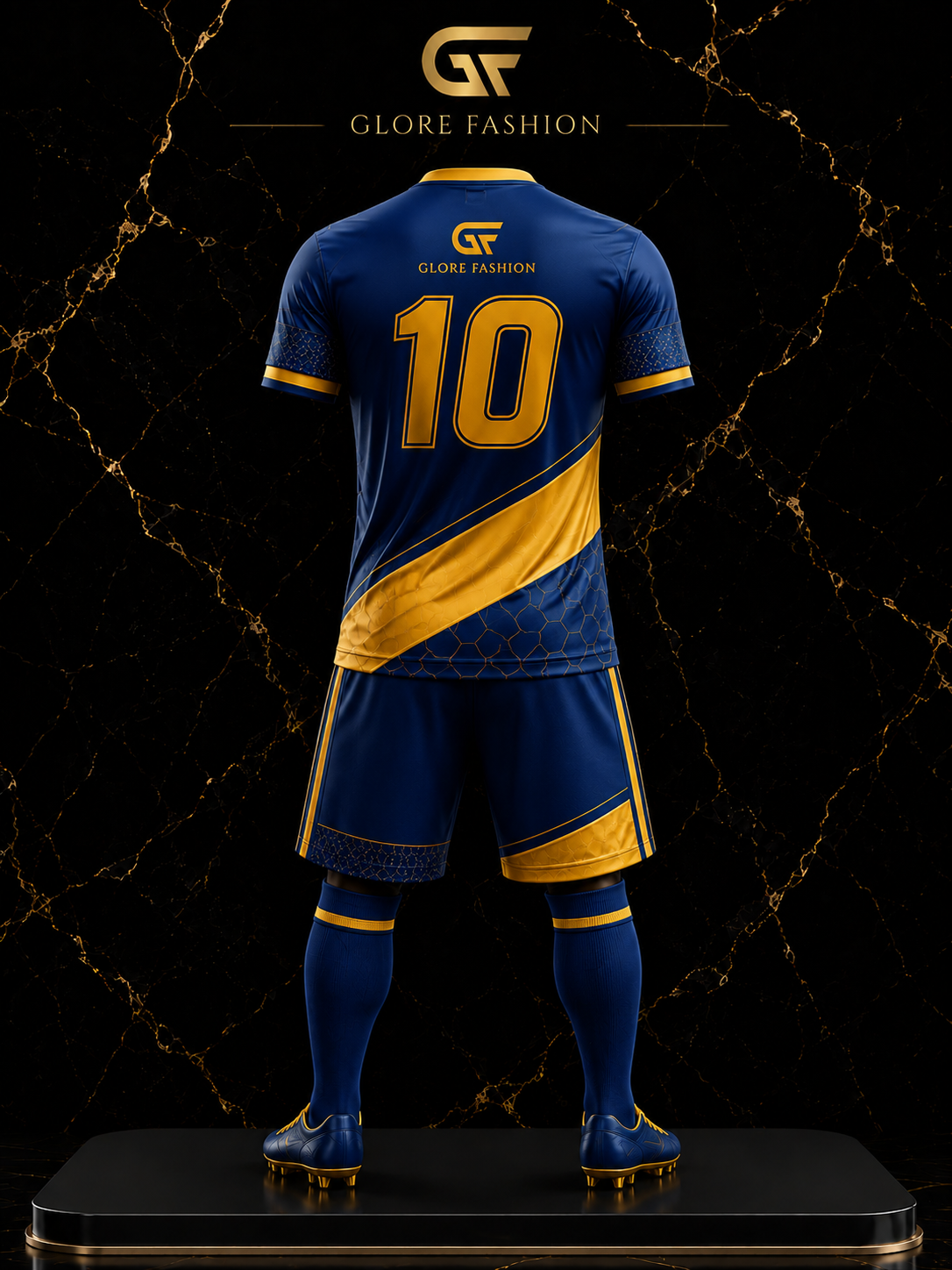 Custom Navy Blue & Gold Soccer Uniform – Sublimated Football Jersey Set | Glore Fashion