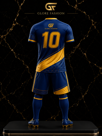 Custom Navy Blue & Gold Soccer Uniform – Sublimated Football Jersey Set | Glore Fashion