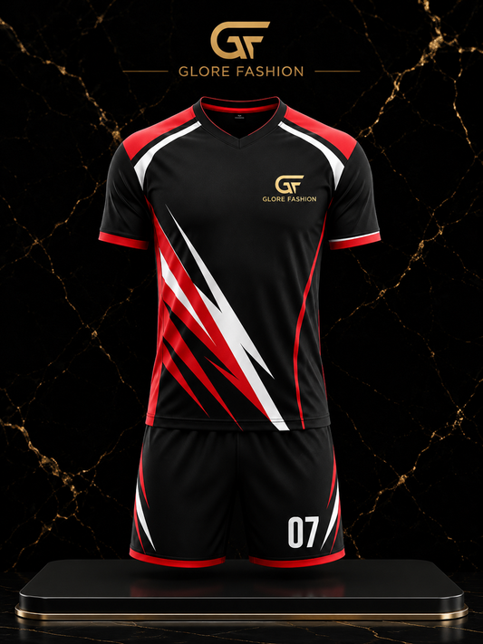 Custom Black Red Soccer Uniform – Sublimated Football Jersey Set | Glore Fashion