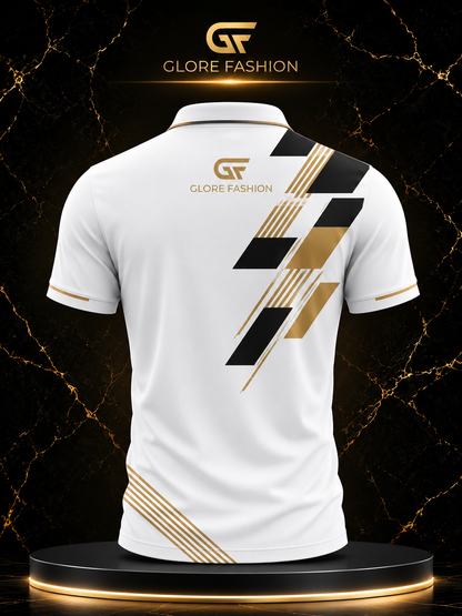 Glore Fashion Premium White Performance Polo Shirt – Modern Black & Gold Casual Golf Polo for Men