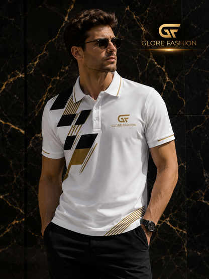 Glore Fashion Premium White Performance Polo Shirt – Modern Black & Gold Casual Golf Polo for Men