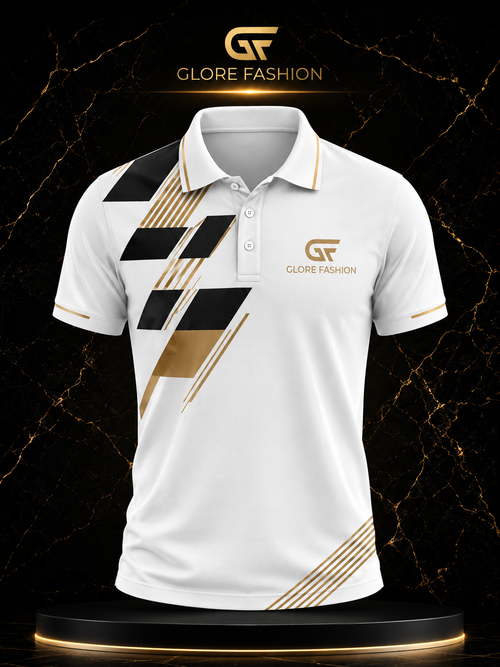 Glore Fashion Premium White Performance Polo Shirt – Modern Black & Gold Casual Golf Polo for Men