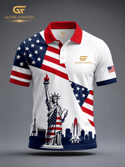 Glore Fashion USA Patriot Performance Polo Shirt – Premium American Flag Casual Golf Shirt for Men