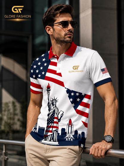 Glore Fashion USA Patriot Performance Polo Shirt – Premium American Flag Casual Golf Shirt for Men
