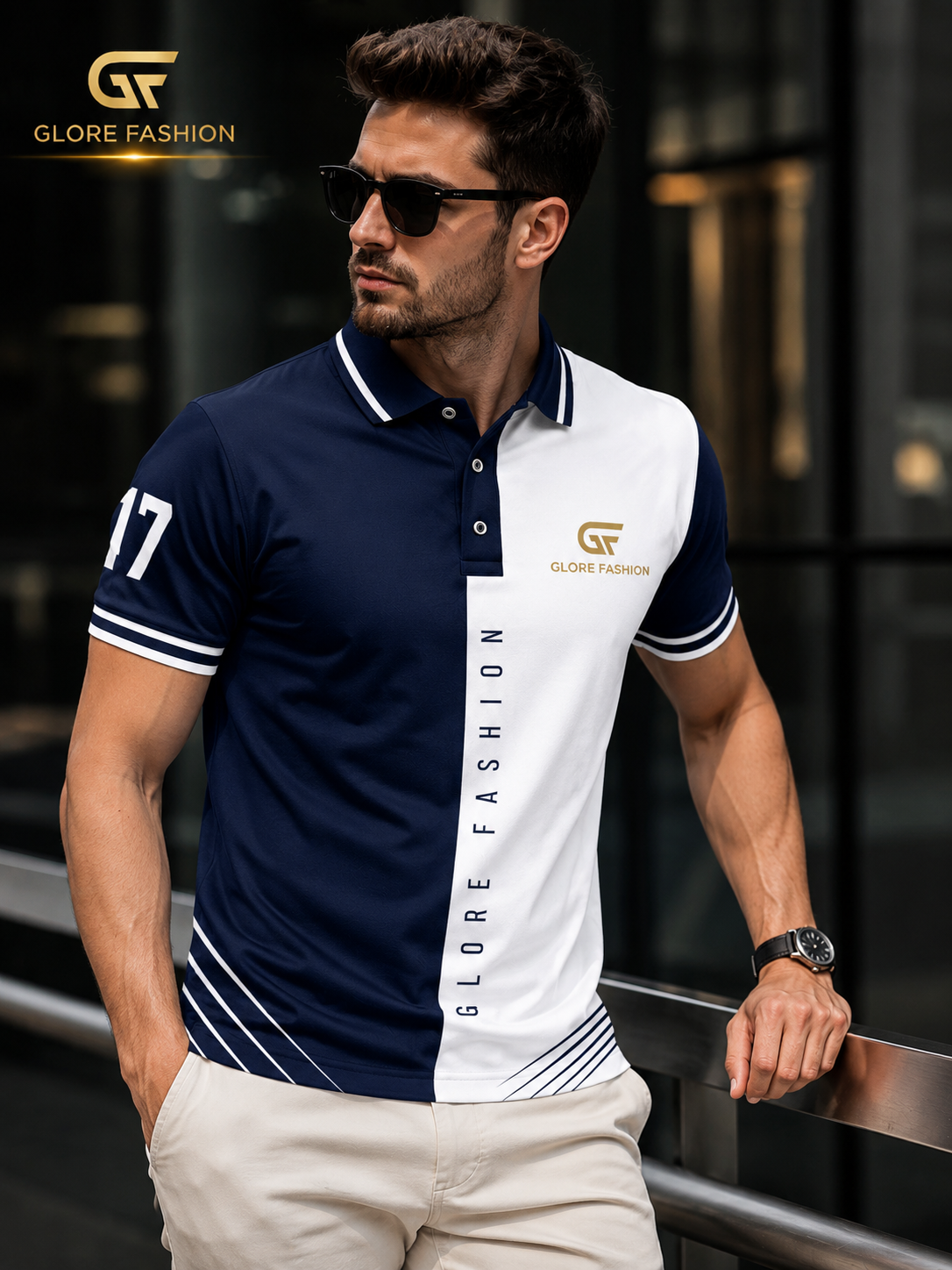 Glore Fashion Premium Split Panel Polo Shirt – Navy & White | Custom Performance Golf & Casual Polo