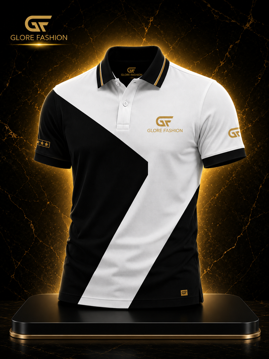 Glore Fashion Premium Black & White Geometric Polo Shirt | Custom Polo Shirt for Teams, Businesses & Events