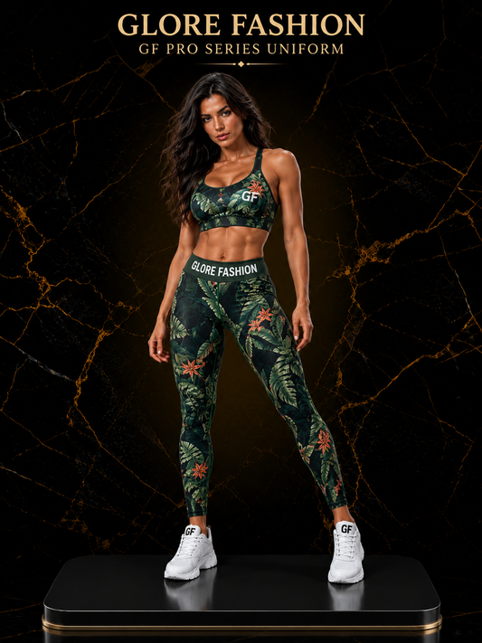 Women's Tropical Leaf Print Sports Bra & High Waist Leggings Set | Custom Fitness Gym Wear | Glore Fashion