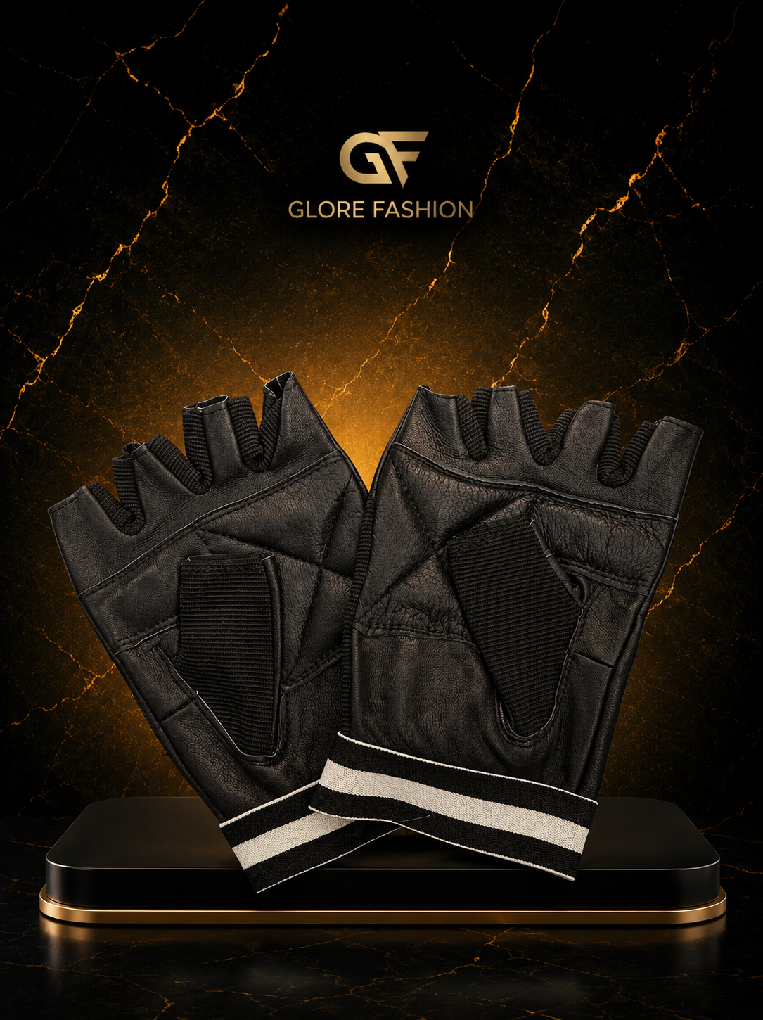 Premium black leather half finger weightlifting gym gloves with adjustable wrist strap by Glore Fashion.