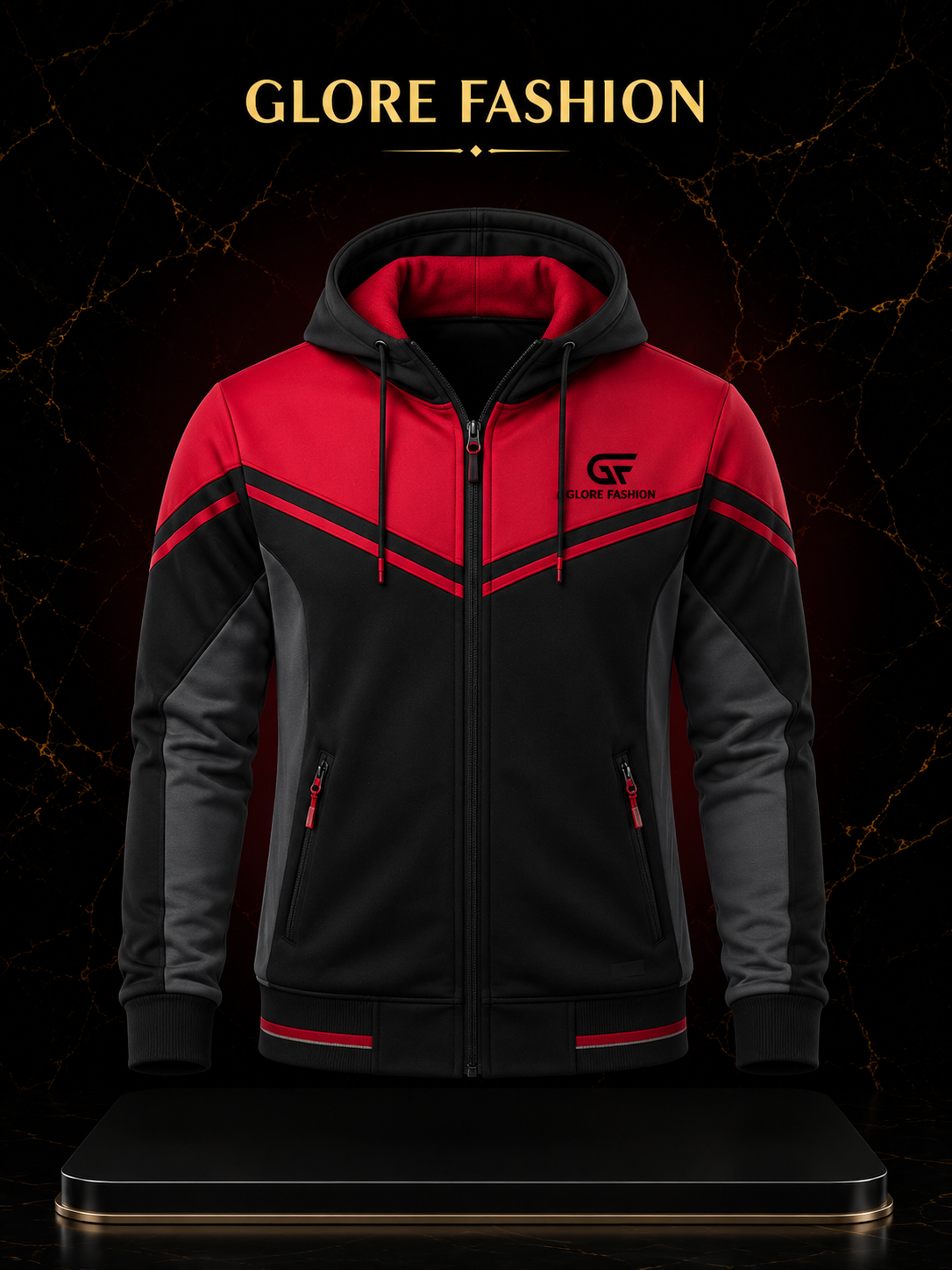 Custom Full Zip Performance Hoodie Black Red | Premium Sports Hoodie | Glore Fashion