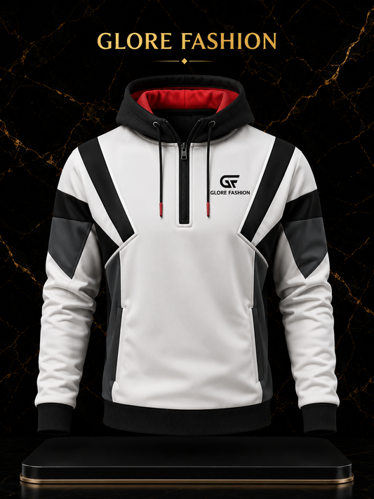 Custom Quarter Zip Hoodie White Black | Premium Athletic Hoodie | Glore Fashion