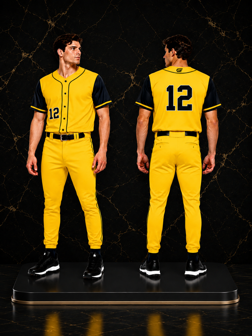 Custom Yellow Baseball Uniform Set – Full Button Team Jersey & Pants with Player Number