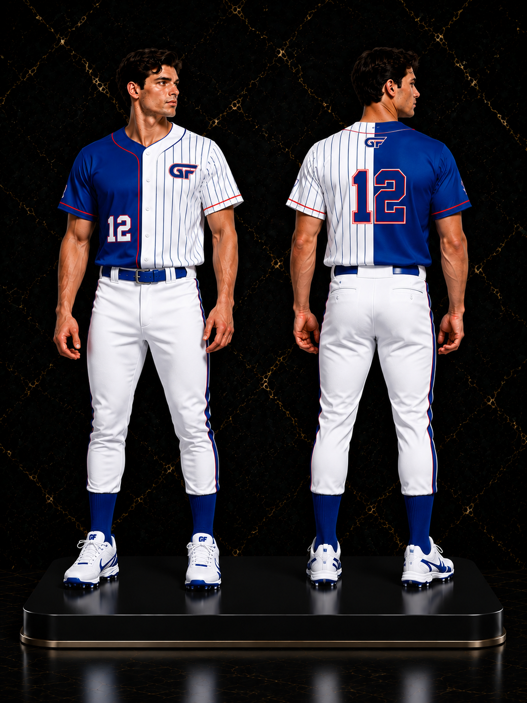 Custom Blue White Baseball Uniform Set – Full Button Team Jersey & Pants with GF Logo