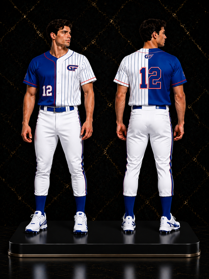 Custom Blue White Baseball Uniform Set – Full Button Team Jersey & Pants with GF Logo