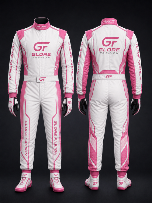 Pink White Custom Kart Racing Suit | Professional Sublimated Racing Suit | Glore Fashion