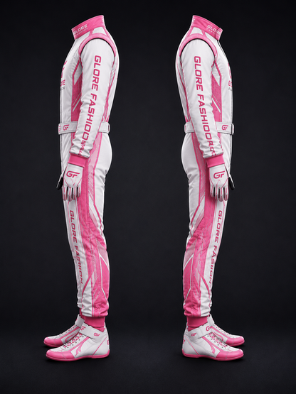 Pink White Custom Kart Racing Suit | Professional Sublimated Racing Suit | Glore Fashion