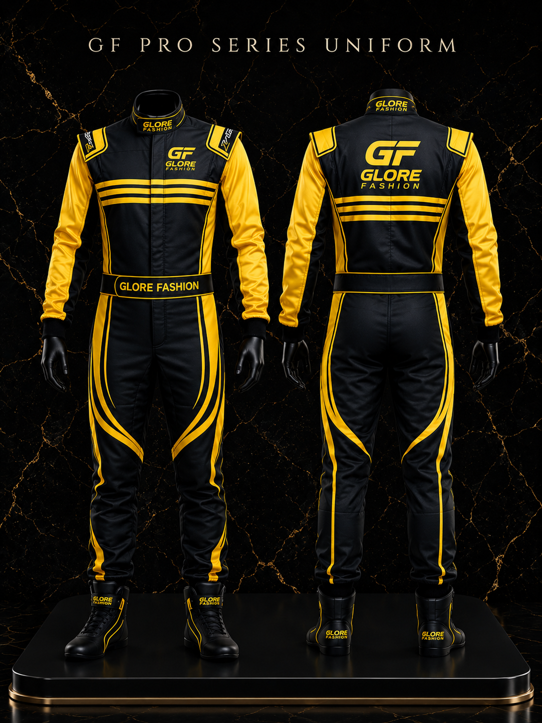Black & Gold Custom Kart Racing Suit | Professional Motorsport Racing Suit | Glore Fashion
