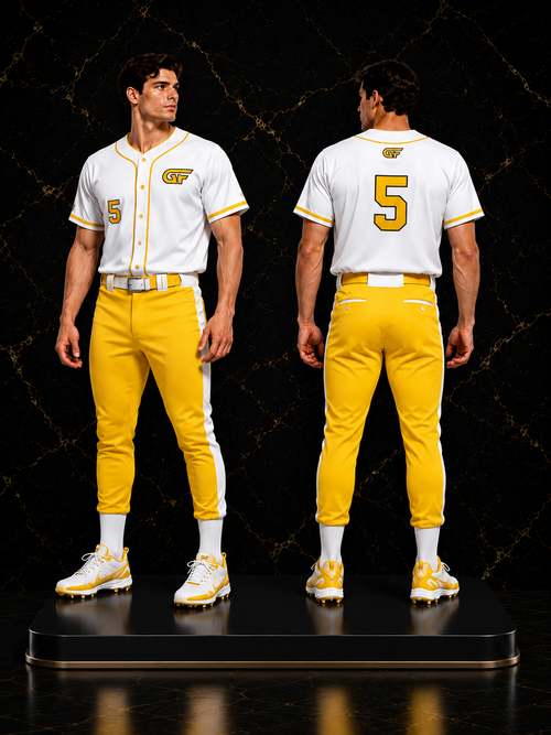 Custom White Yellow Baseball Uniform Set – Full Button Team Jersey & Pants with GF Logo