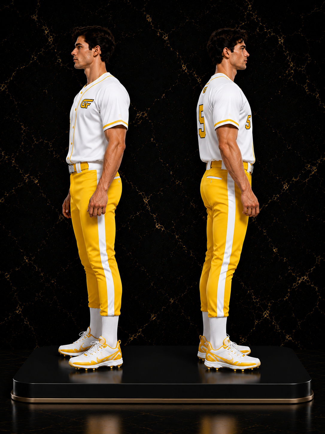Custom White Yellow Baseball Uniform Set – Full Button Team Jersey & Pants with GF Logo