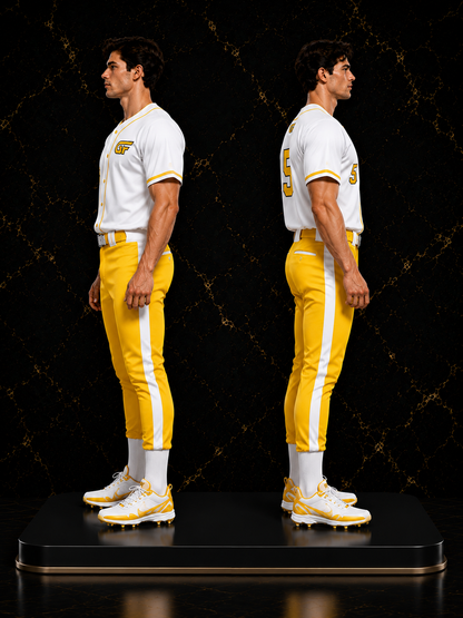 Custom White Yellow Baseball Uniform Set – Full Button Team Jersey & Pants with GF Logo
