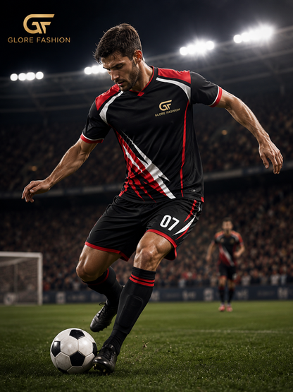 Custom Black Red Soccer Uniform – Sublimated Football Jersey Set | Glore Fashion