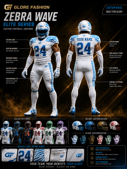 White Cyan Custom American Football Uniform | Zebra Wave Elite Series | Glore Fashion