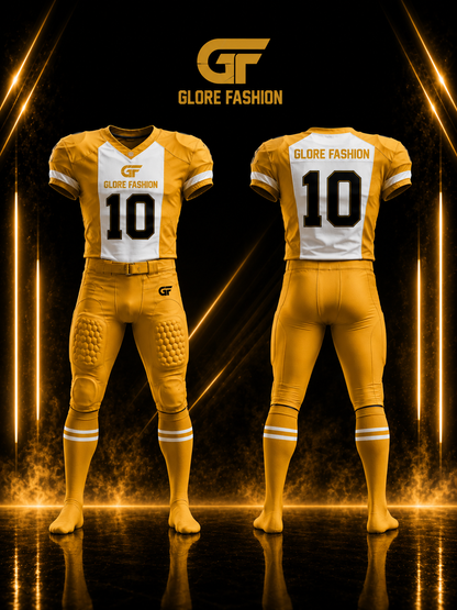 Yellow sports uniform with number 10 on a dark background with 'Glore Fashion' branding.