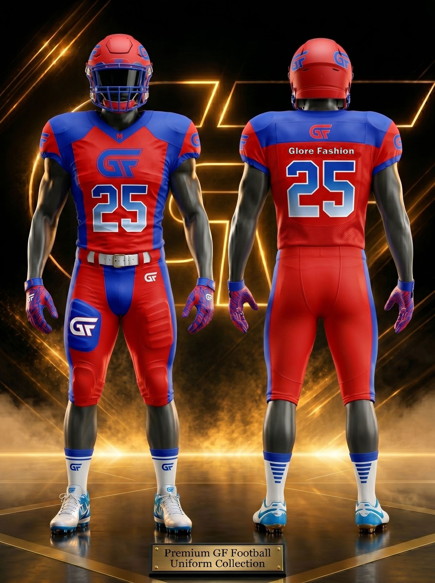 Custom Red Blue American Football Uniform Front and Back View With Personalized Team Name and Number – Glore Fashion