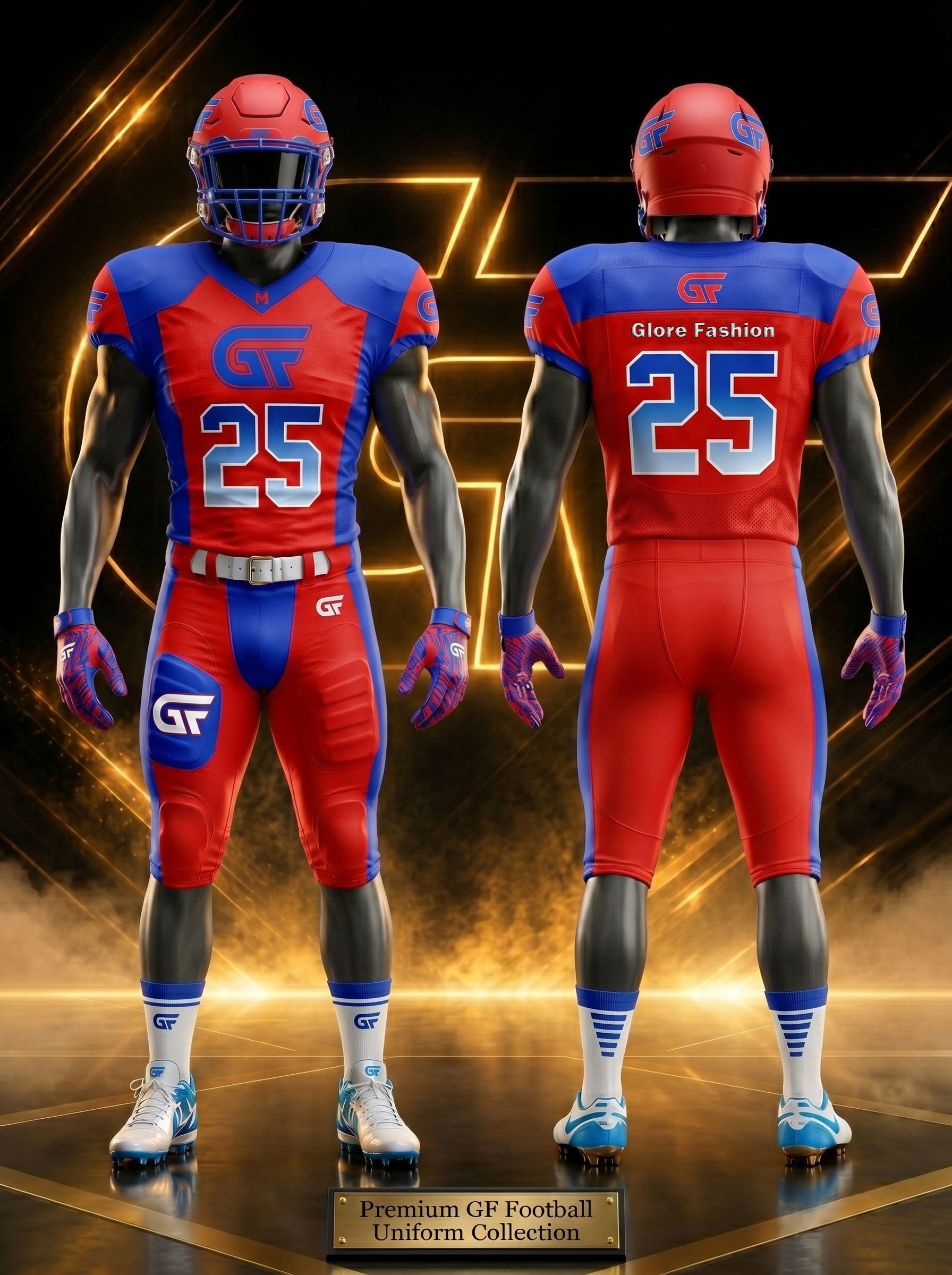 Custom Red Blue American Football Uniform Front and Back View With Personalized Team Name and Number – Glore Fashion