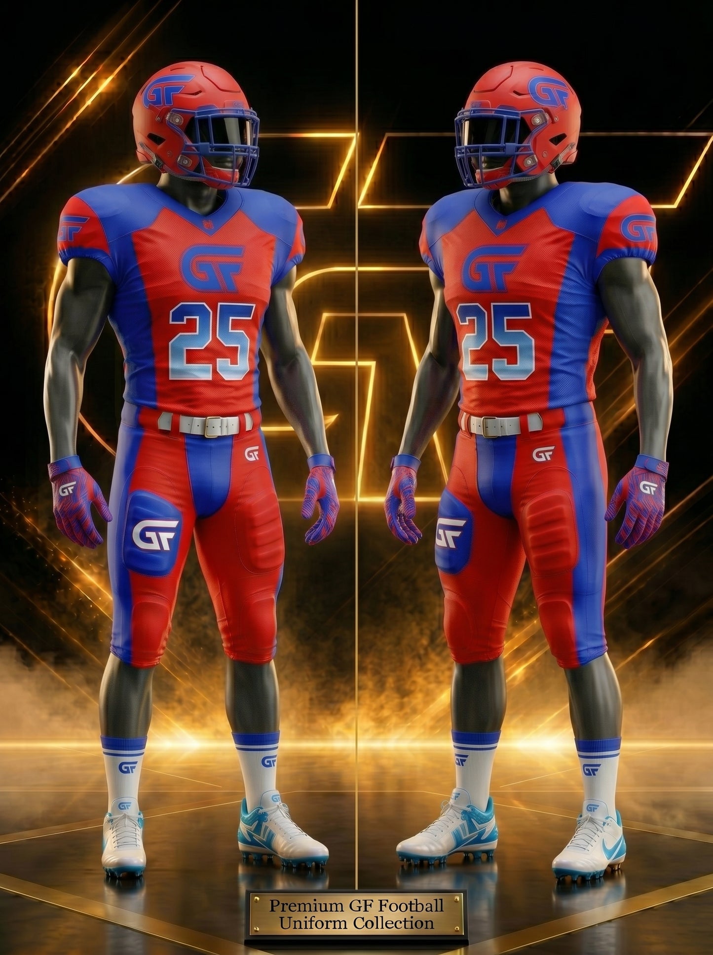 Custom Red Blue American Football Uniform Front and Back View With Personalized Team Name and Number – Glore Fashion