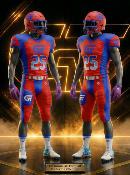 Custom Red Blue American Football Uniform Front and Back View With Personalized Team Name and Number – Glore Fashion