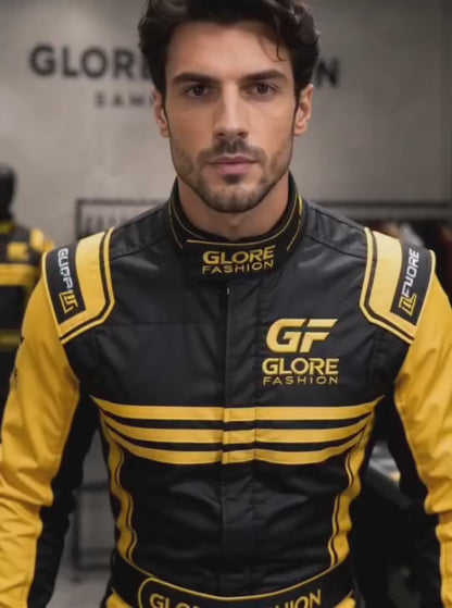 Black & Gold Custom Kart Racing Suit | Professional Motorsport Racing Suit | Glore Fashion