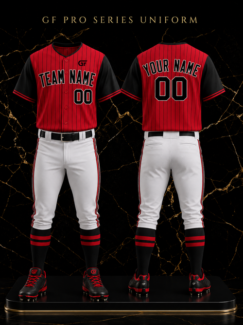 Red Pinstripe Custom Baseball Uniform | Personalized Team Jersey & Pants | Glore Fashion