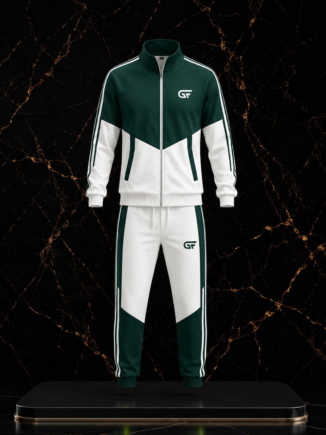 GF Pro Series Custom Performance Tracksuit – Forest Green & White Athletic Jacket and Jogger Set