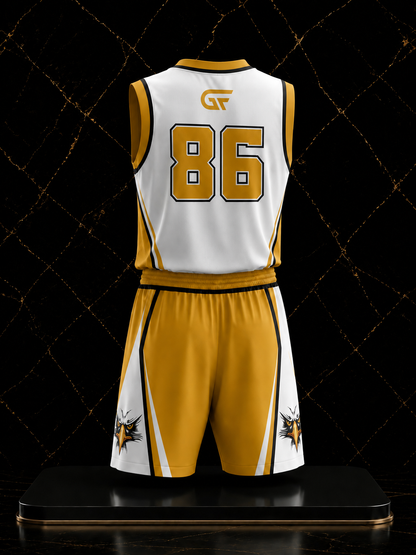 Custom Reversible Basketball Uniform – White & Gold | Personalized Team Jerseys | Glore Fashion